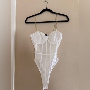 Chic White Shapewear Bodysuit with Chain Straps